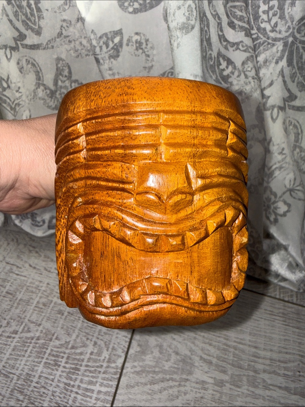 Vintage 1960’s  Hand Carved Wooden Cup Tribal Tiki Head Polynesian w/ Handle